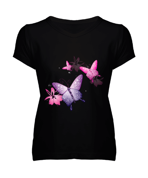 Butterfly Siyah Kadın V Yaka Tişört - Tisho