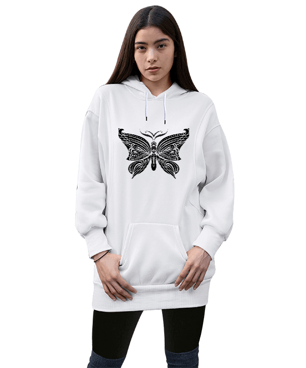 Tisho - BUTTERFLY2 Kadın Uzun Hoodie Kapüşonlu Sweatshirt