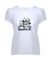 Büyücü kedi Beyaz Kadın V Yaka Tişört - Tisho