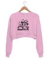 Büyücü kedi Pembe Kadın Crop Sweatshirt - Tisho