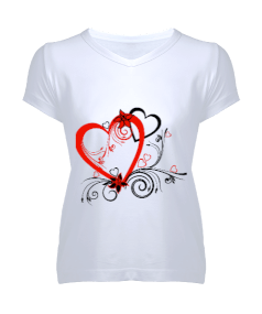 Büyük Kalp Kadın V Yaka Tişört - Tisho