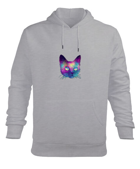 Tisho - C009 - Colourful Cat Gri Erkek Kapüşonlu Hoodie Sweatshirt