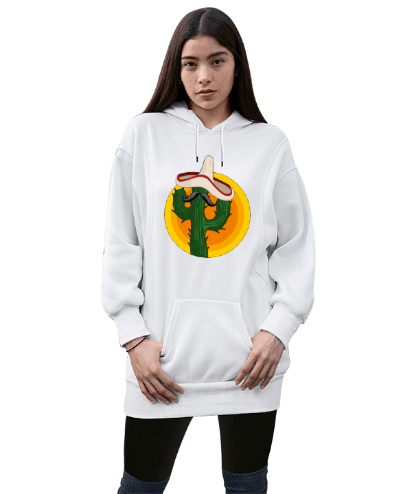 Tisho - Cactus Kadın Uzun Hoodie Kapüşonlu Sweatshirt