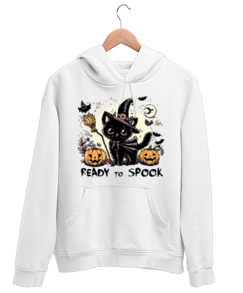 Tisho - Cadı Kara Kedi Ready To Spook Beyaz Unisex Kapşonlu Sweatshirt
