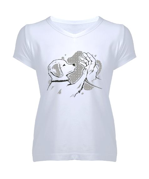 Tisho - Çak Dostum - Hayvansever - Köpek Patisi ve El Beyaz Kadın V Yaka Tişört