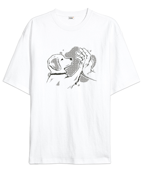 Tisho - Çak Dostum - Hayvansever - Köpek Patisi ve El Beyaz Oversize Unisex Tişört