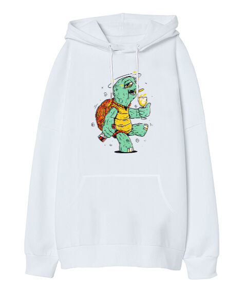 Tisho - Çakırkeyf Kaplumbağa Beyaz Oversize Unisex Kapüşonlu Sweatshirt