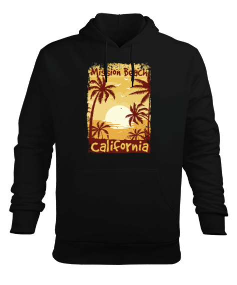 Tisho - California Mission Beach Siyah Erkek Kapüşonlu Hoodie Sweatshirt
