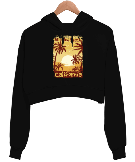 Tisho - California Mission Beach Siyah Kadın Crop Hoodie Kapüşonlu Sweatshirt