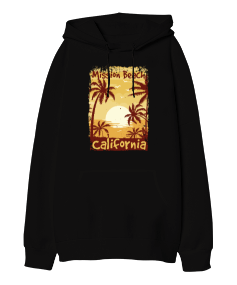 Tisho - California Mission Beach Siyah Oversize Unisex Kapüşonlu Sweatshirt