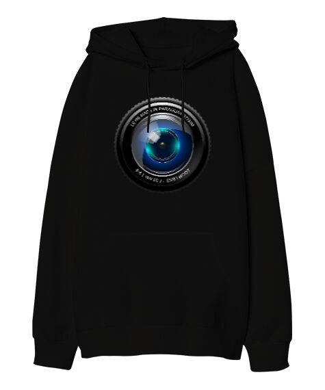 Tisho - Camera Lens Siyah Oversize Unisex Kapüşonlu Sweatshirt