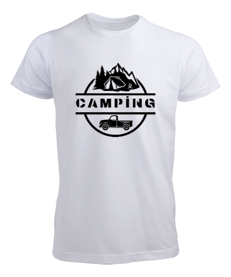 Tisho - Camping Dağ, Orman ve Araba Kampçı ve Dağcı Özel Tasarım Beyaz Erkek Tişört