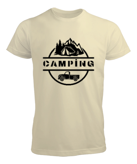 Tisho - Camping Dağ, Orman ve Araba Kampçı ve Dağcı Özel Tasarım Krem Erkek Tişört