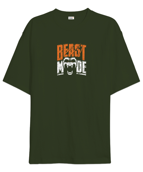Tisho - Canavar Modu - Beast - Monster - Sırt Baskılı Haki Yeşili Oversize Unisex Tişört