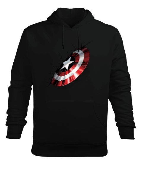 Tisho - Captain America Shield Struck Kalkan Darbesi Avengers Classic Siyah Erkek Kapüşonlu Hoodie Sweatshirt