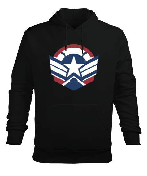 Tisho - Captain America Stripes The Falcon and the Winter Soldier Siyah Erkek Kapüşonlu Hoodie Sweatshirt