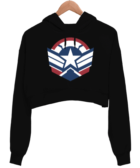 Tisho - Captain America Stripes The Falcon and the Winter Soldier Siyah Kadın Crop Hoodie Kapüşonlu Sweatshirt