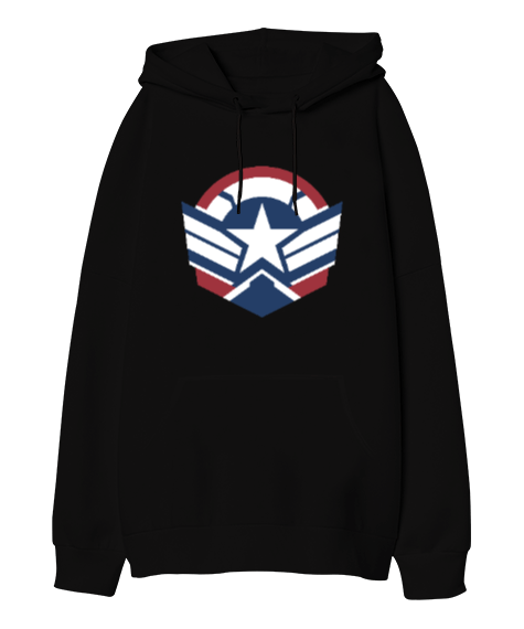 Tisho - Captain America Stripes The Falcon and the Winter Soldier Siyah Oversize Unisex Kapüşonlu Sweatshirt