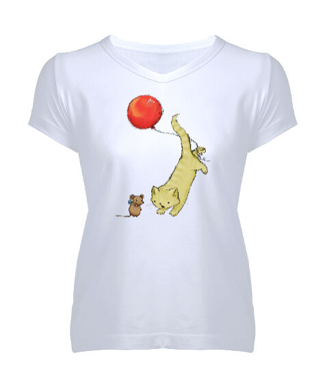 Tisho - Cat And Mouse Beyaz Kadın V Yaka Tişört