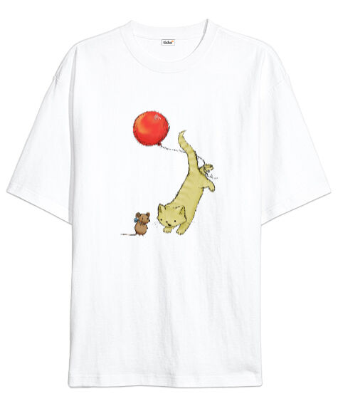 Tisho - Cat And Mouse Beyaz Oversize Unisex Tişört