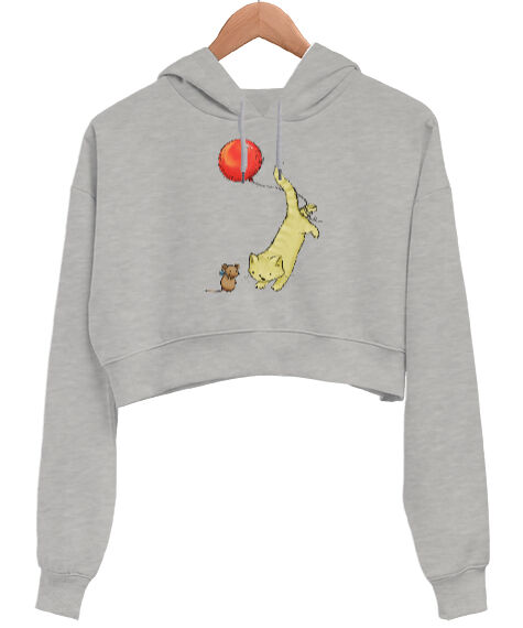 Tisho - Cat And Mouse Gri Kadın Crop Hoodie Kapüşonlu Sweatshirt