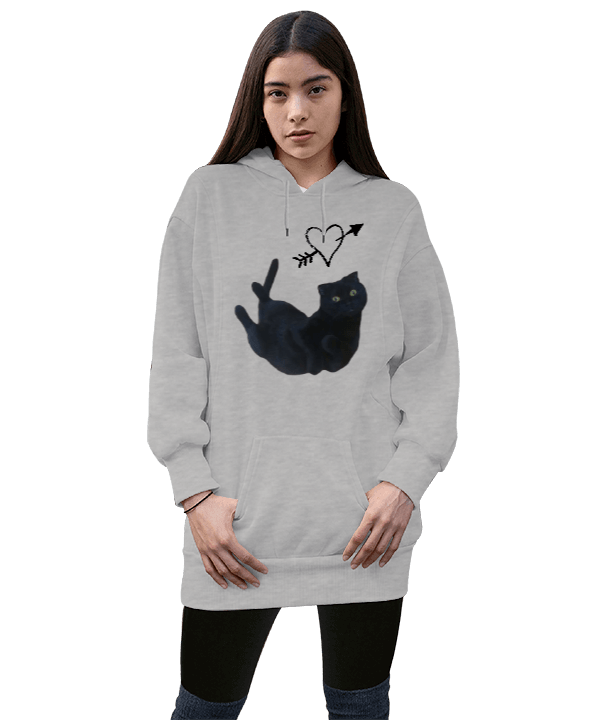 Cat Kadın Uzun Hoodie Kapüşonlu Sweatshirt