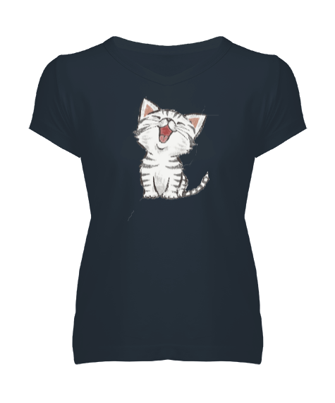 Tisho - Cat Kadın V Yaka Tişört