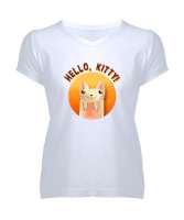 Cat - Kedi - Hello Kitty Beyaz Kadın V Yaka Tişört - Tisho