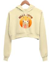 Cat - Kedi - Hello Kitty Krem Kadın Crop Hoodie Kapüşonlu Sweatshirt - Tisho