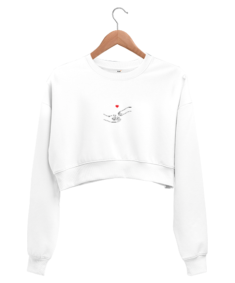 Tisho - Cat Love Beyaz Kadın Crop Sweatshirt