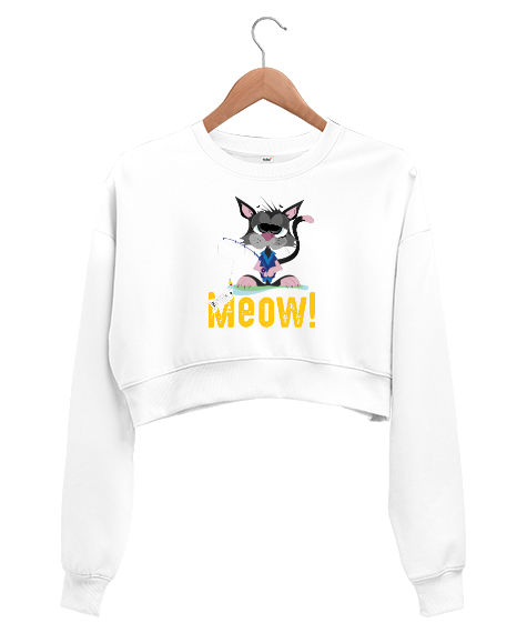 Tisho - Cat Meow - Miyav Kedi Beyaz Kadın Crop Sweatshirt