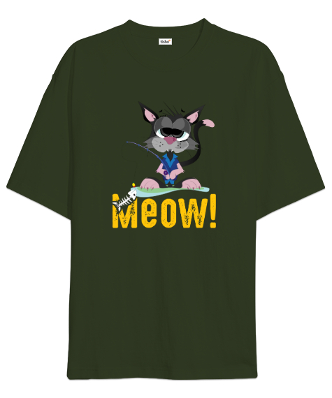 Tisho - Cat Meow - Miyav Kedi Haki Yeşili Oversize Unisex Tişört
