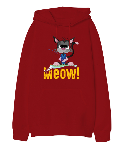 Tisho - Cat Meow - Miyav Kedi Kırmızı Oversize Unisex Kapüşonlu Sweatshirt