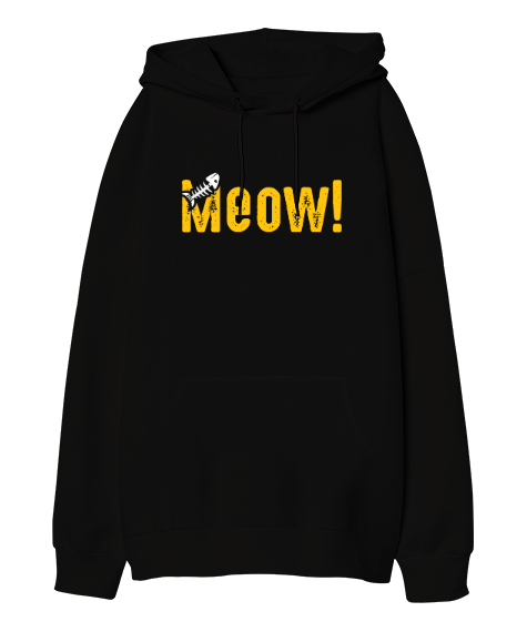 Tisho - Cat Meow - Miyav Siyah Oversize Unisex Kapüşonlu Sweatshirt