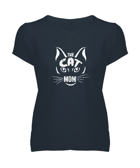 Tisho - Cat Mom - Kedi Anne Füme Kadın V Yaka Tişört