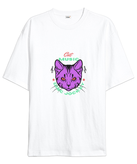 Tisho - Cat Music Beyaz Oversize Unisex Tişört