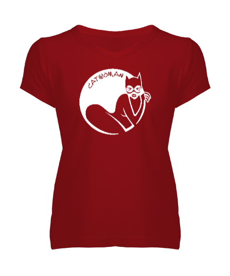 Tisho - Cat Woman - Kedi - Kırmızı Kadın V Yaka Tişört