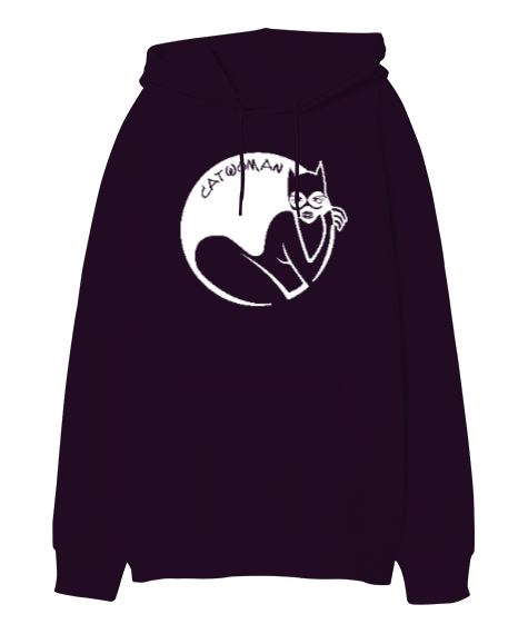 Tisho - Cat Woman - Kedi - Koyu Mor Oversize Unisex Kapüşonlu Sweatshirt