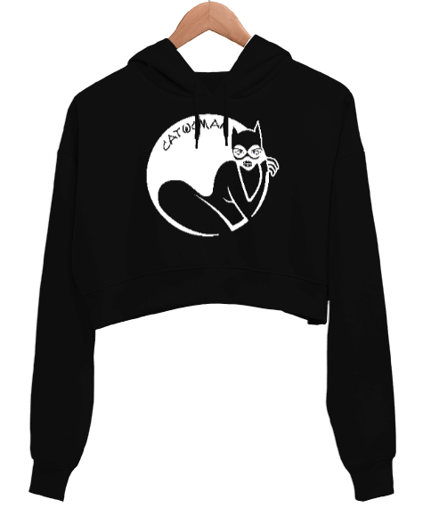 Tisho - Cat Woman - Kedi - Siyah Kadın Crop Hoodie Kapüşonlu Sweatshirt