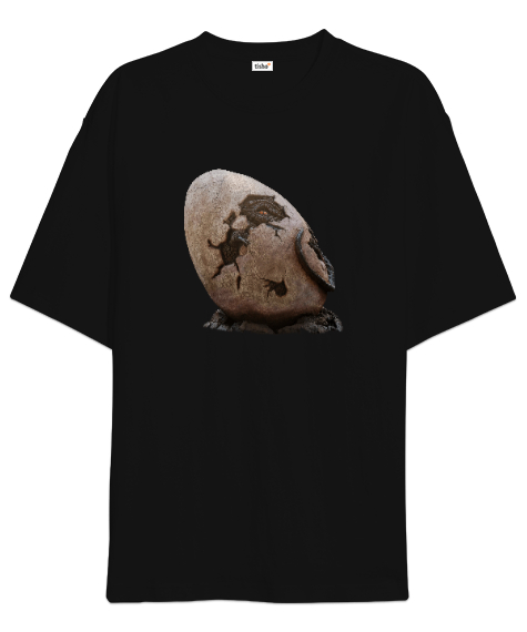 Tisho - Çatlak Dinozor Yumurtası Siyah Oversize Unisex Tişört