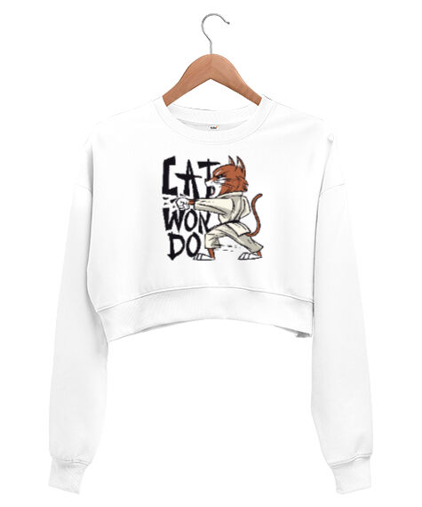Tisho - Catwondo Beyaz Kadın Crop Sweatshirt
