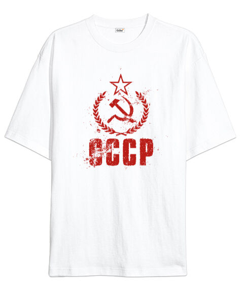 Tisho - CCCP Red Vintage Flag Beyaz Oversize Unisex Tişört