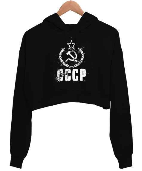 Tisho - CCCP Retro Baskılı Siyah Kadın Crop Hoodie Kapüşonlu Sweatshirt