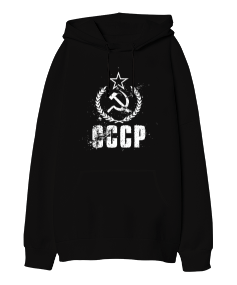 Tisho - CCCP Retro Baskılı Siyah Oversize Unisex Kapüşonlu Sweatshirt