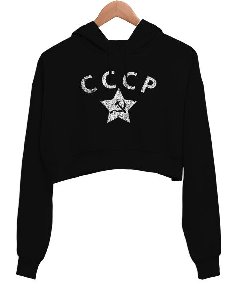 Tisho - CCCP Vintage Russia Soviet Police Siyah Kadın Crop Hoodie Kapüşonlu Sweatshirt