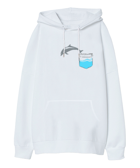 Tisho - Cepteki Yunus - Dolphin Beyaz Oversize Unisex Kapüşonlu Sweatshirt