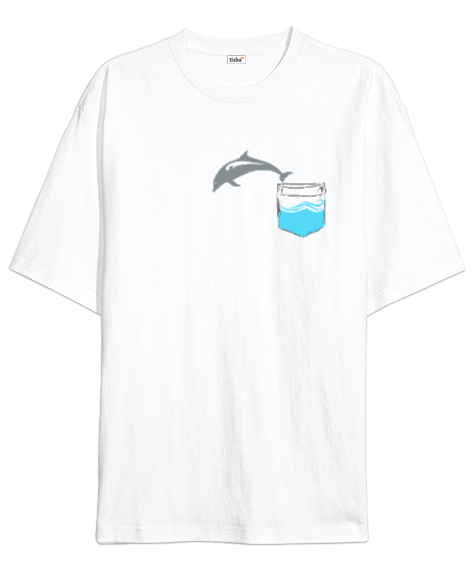 Tisho - Cepteki Yunus - Dolphin Beyaz Oversize Unisex Tişört