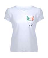 Cepten Çıkan Üç Tavşan – Sevimli ve Eğlenceli Tavşan Tasarımı Beyaz Kadın V Yaka Tişört - Tisho