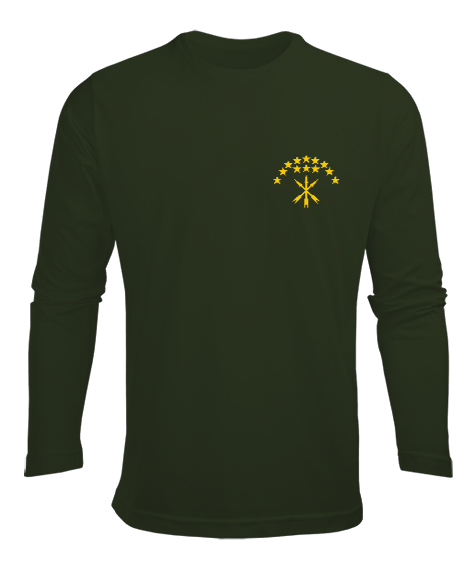 Tisho - Çerkes Bayrağı, adiga bayrağı,Çerkes logosu. Haki Yeşili Erkek Uzun Kol Yazlık Tişört