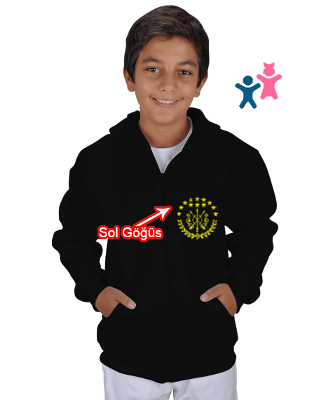 Tisho - Çerkes Bayrağı, adiga bayrağı,Çerkes logosu. Siyah Çocuk Kapüşonlu Hoodie Fermuarlı